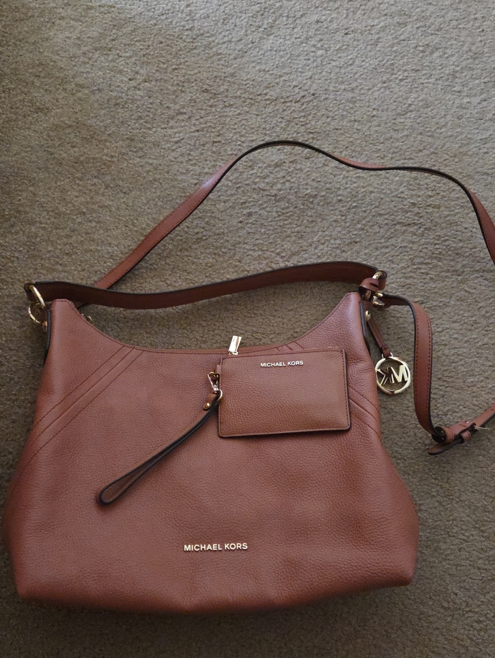 Michael Kors Cognac Leather Shoulder Bag with MK Charm